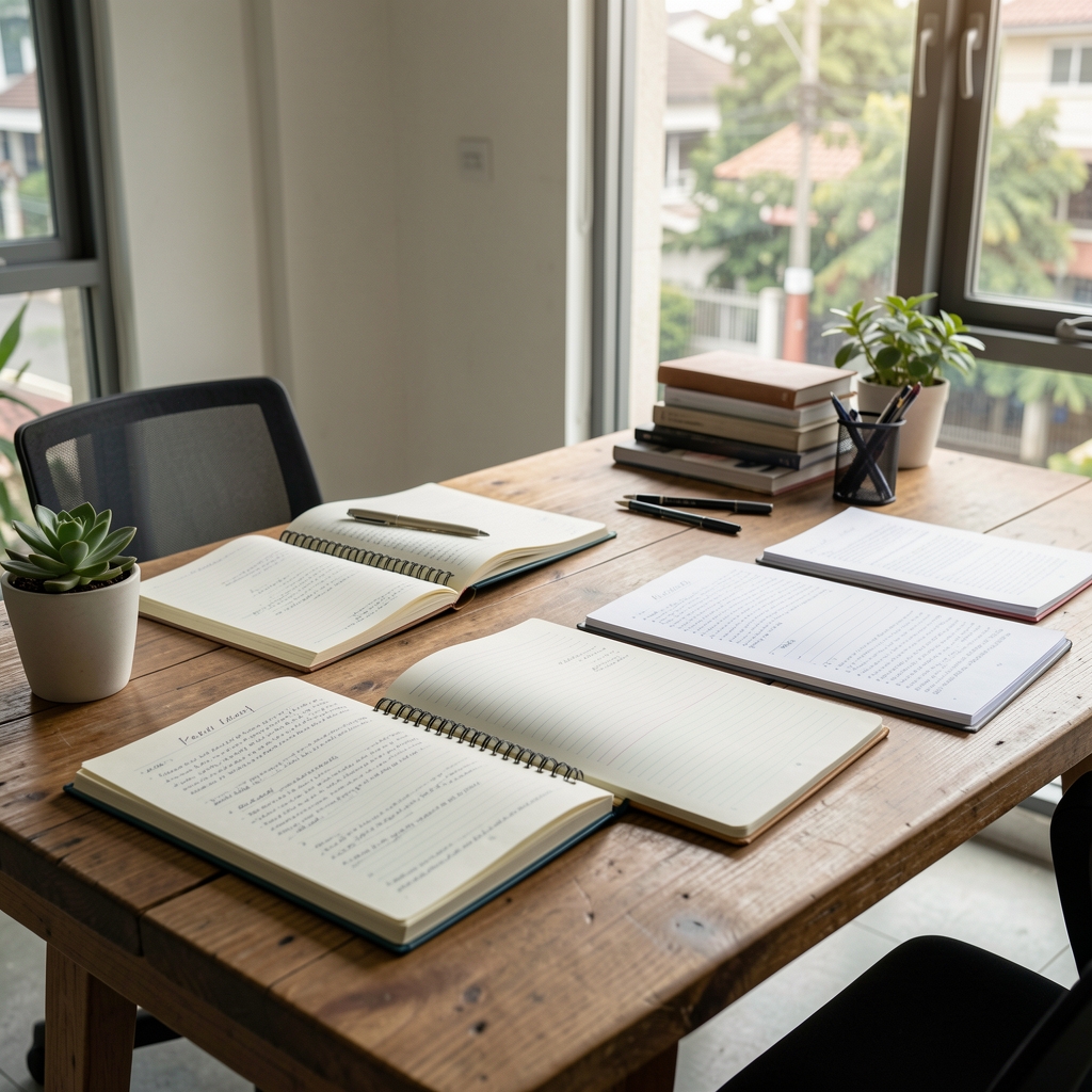 Kalmeno editorial workspace in Jakarta, natural light, open notebooks and research papers on a wooden desk