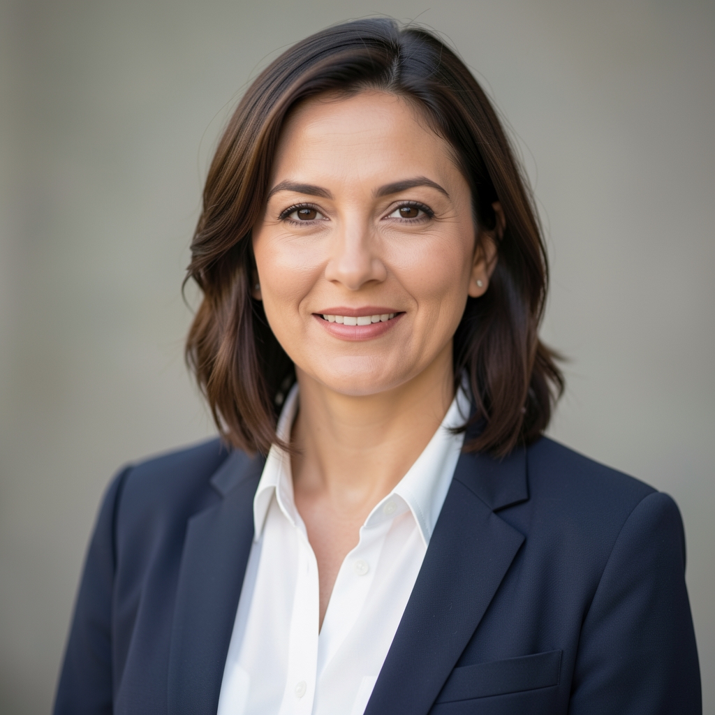 Portrait of lead wellness editor at Kalmeno, professional headshot in editorial studio setting, neutral background