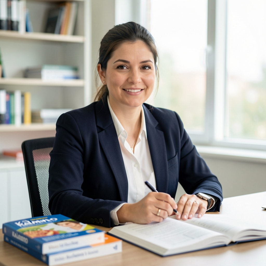 Portrait of research reviewer at Kalmeno, seated at desk with nutrition references and journal open in bright office space