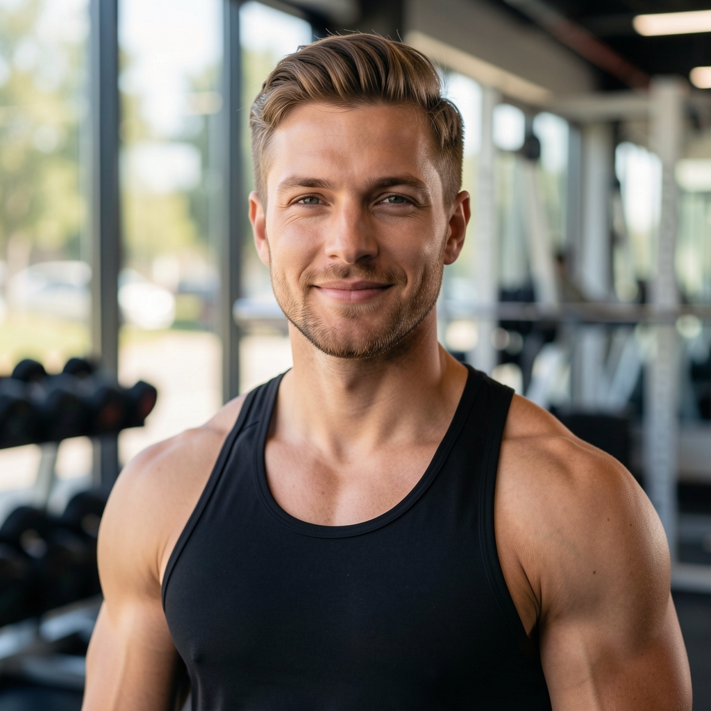 Portrait of fitness content writer at Kalmeno, standing near gym environment with natural light, relaxed pose