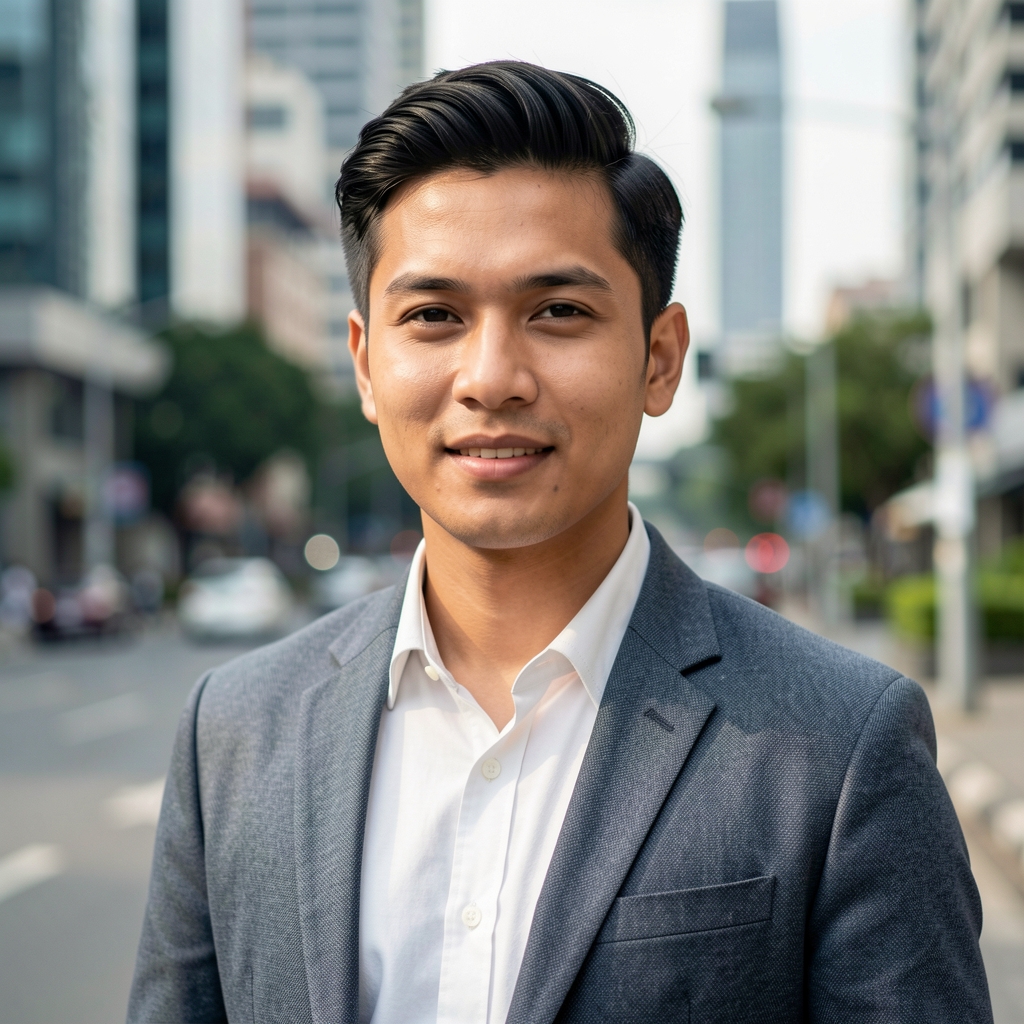 Portrait of lifestyle and grooming writer at Kalmeno, well-groomed appearance, casual blazer, urban Jakarta backdrop