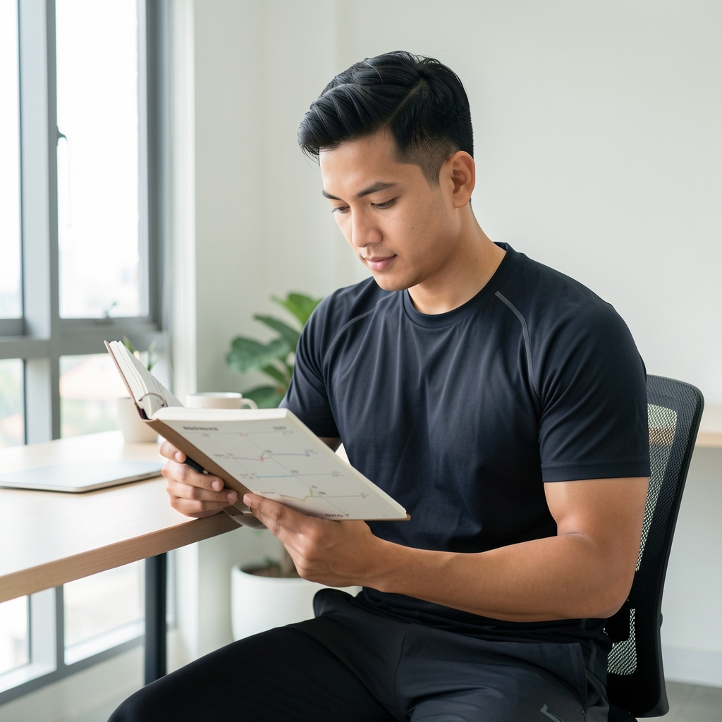 Man in active wear reviewing a structured daily planner at a bright, minimal Jakarta workspace