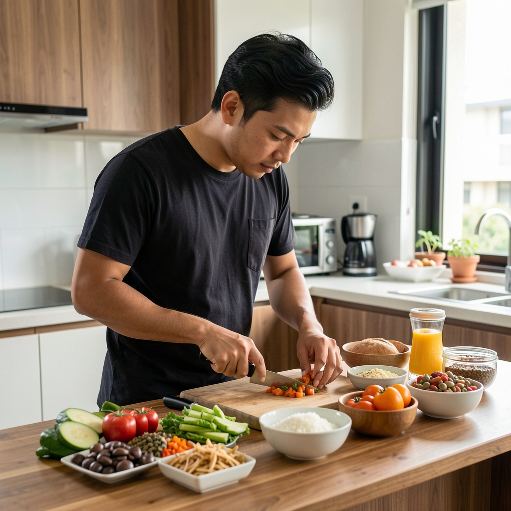 Man preparing a structured meal with whole-food ingredients laid out on a wooden kitchen surface in a Jakarta apartment