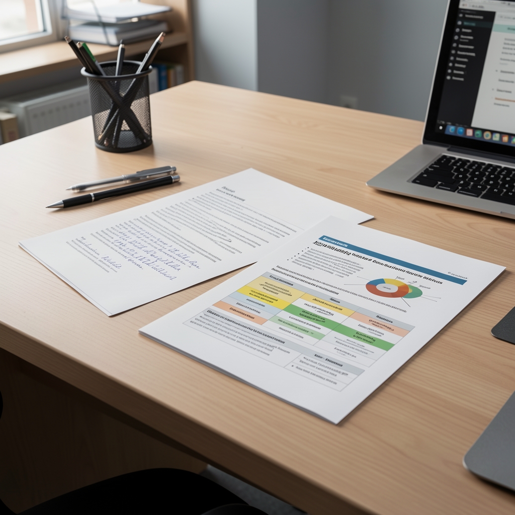 Research notes and highlighted nutritional study printouts laid flat on editorial desk at Kalmeno office with studio lighting