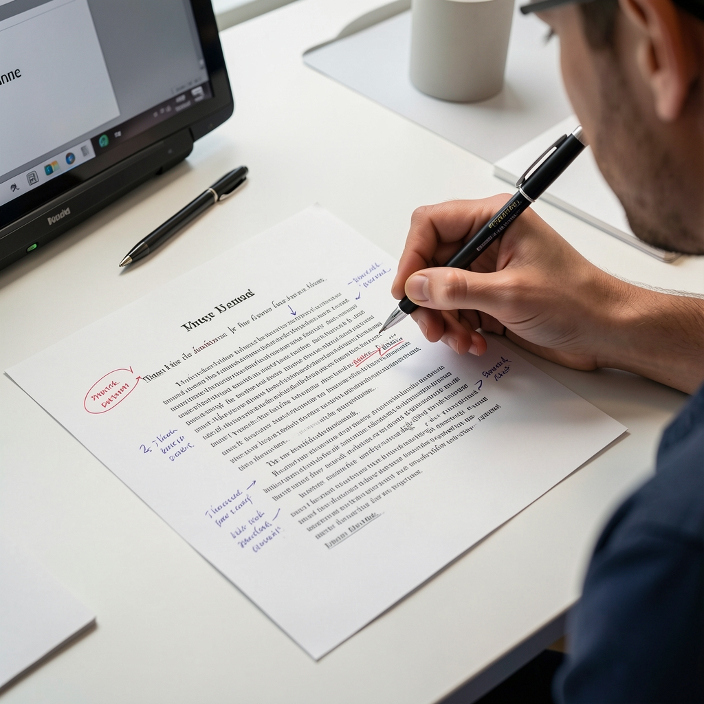 Editor marking up a printed article draft with annotations and corrections at a clean workspace in controlled lighting