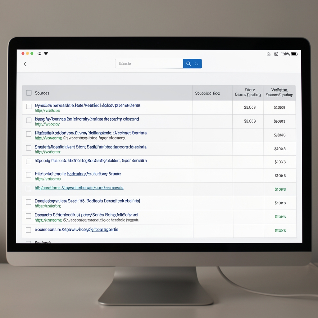 Screen showing digital fact-check tracking spreadsheet with article titles, source links, and verification status columns