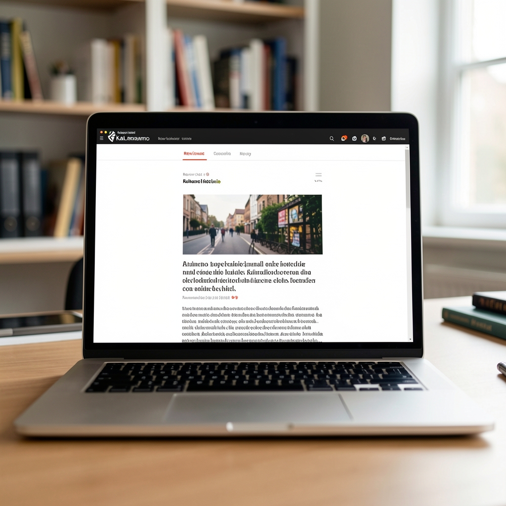 Published article displayed on laptop screen in Kalmeno editorial office, review date and contributor name visible at article header