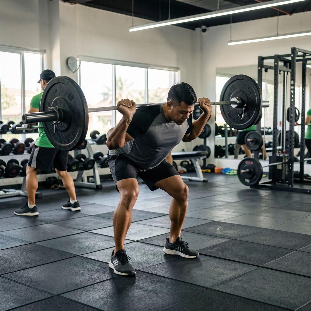 Man performing a compound barbell movement in a well-lit Jakarta strength facility, focused on proper posture and form