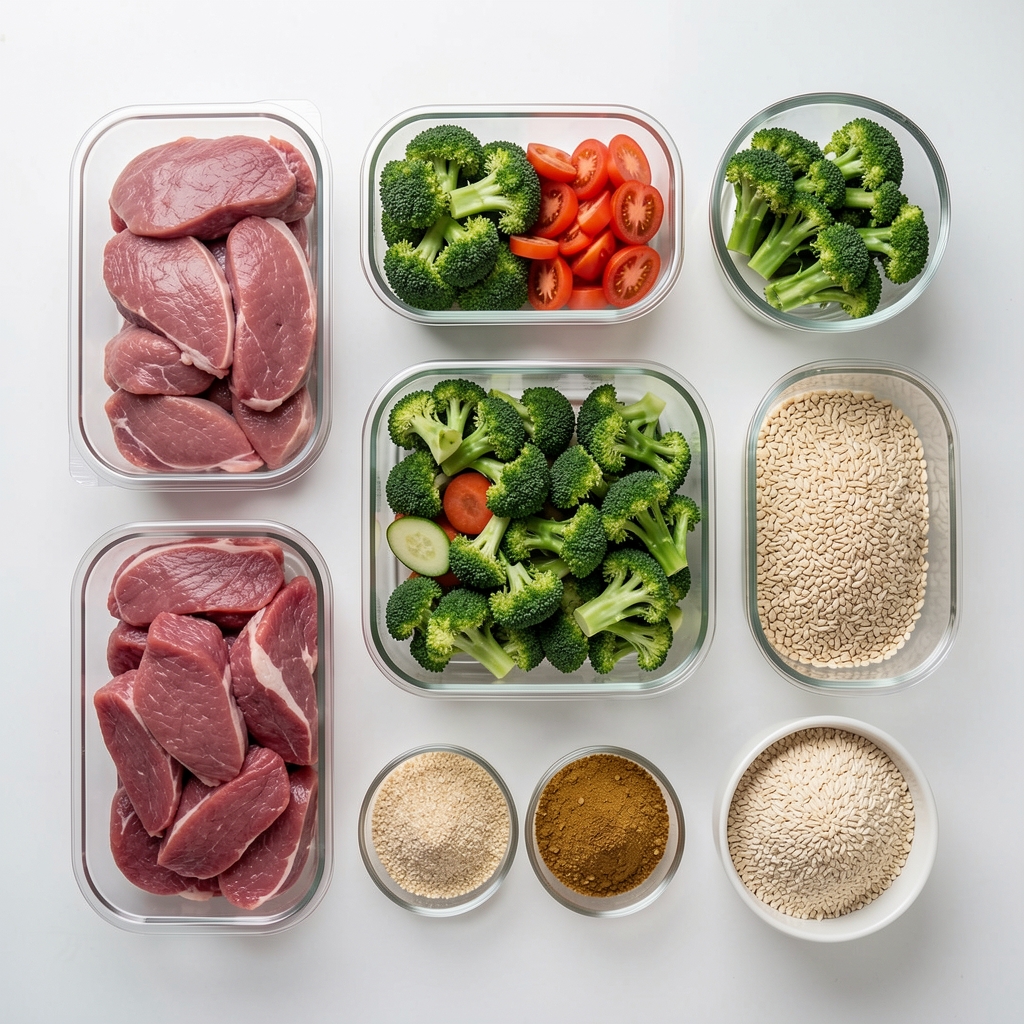 Overhead view of a structured meal prep layout featuring lean proteins, fibrous vegetables, and portion-measured grains on a clean surface