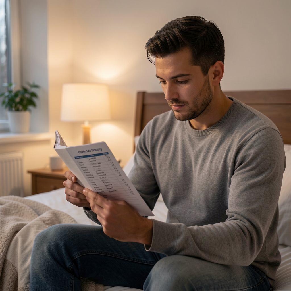 Man seated in a calm bedroom environment reviewing a sleep and recovery log, ambient light setting, evening routine in progress