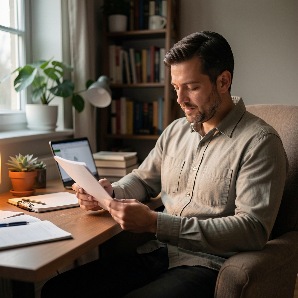 Man in relaxed position reviewing notes in quiet home workspace, low light, stress management and mindful evening wind-down scene