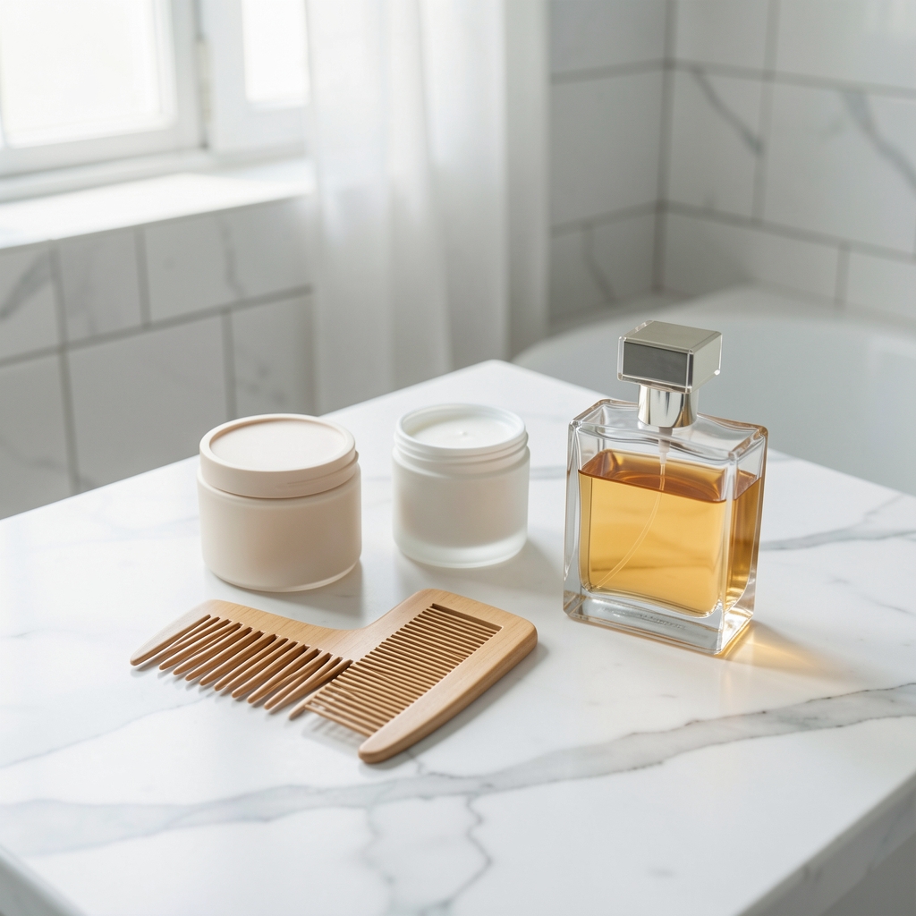 Clean grooming essentials flat lay including moisturiser, comb, and cologne arranged on a marble surface in a bright bathroom setting