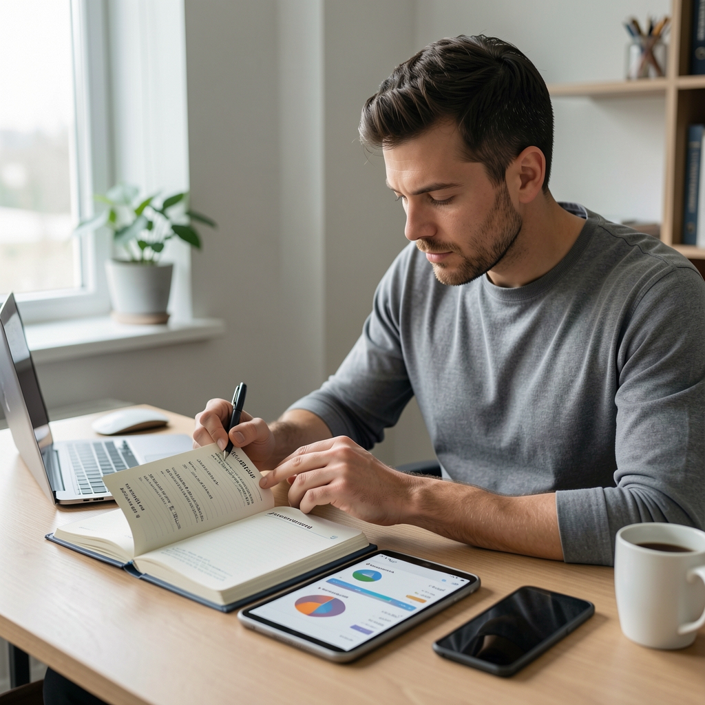 Man reviewing a progress tracking journal and digital fitness log side by side at a desk, methodical approach to personal habit monitoring