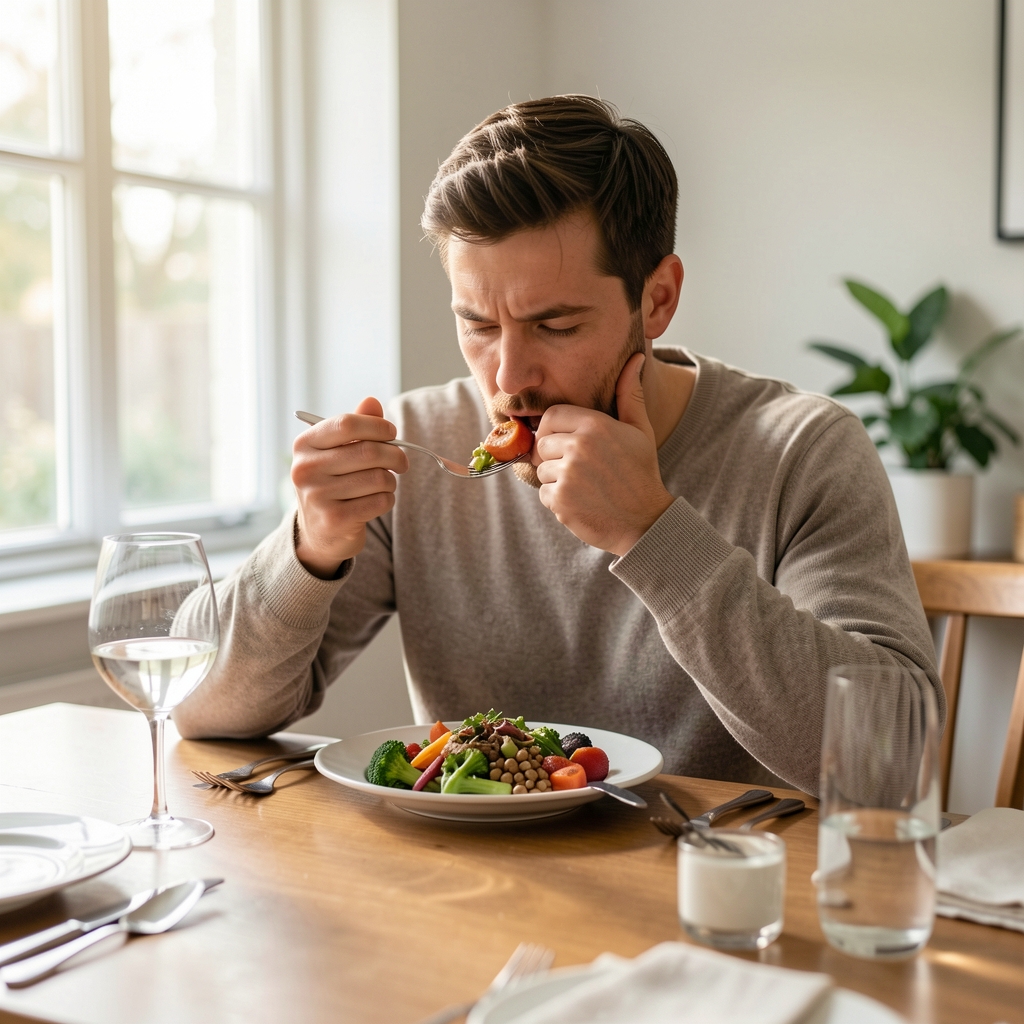 Man eating mindfully at a well-set table, focused, mid-morning light from window, whole foods on plate, clean home dining environment