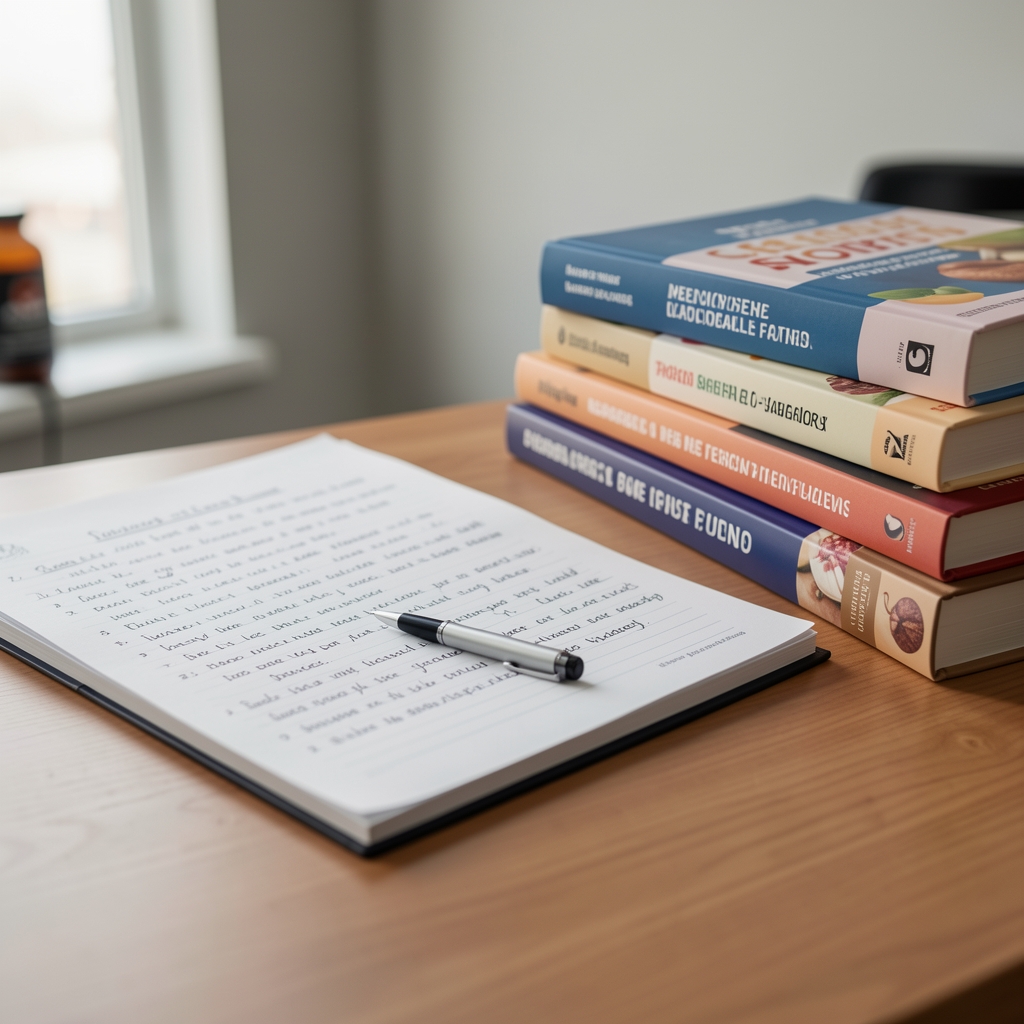 Close-up of research notes and nutrition reference books stacked on editorial desk at Kalmeno Jakarta studio