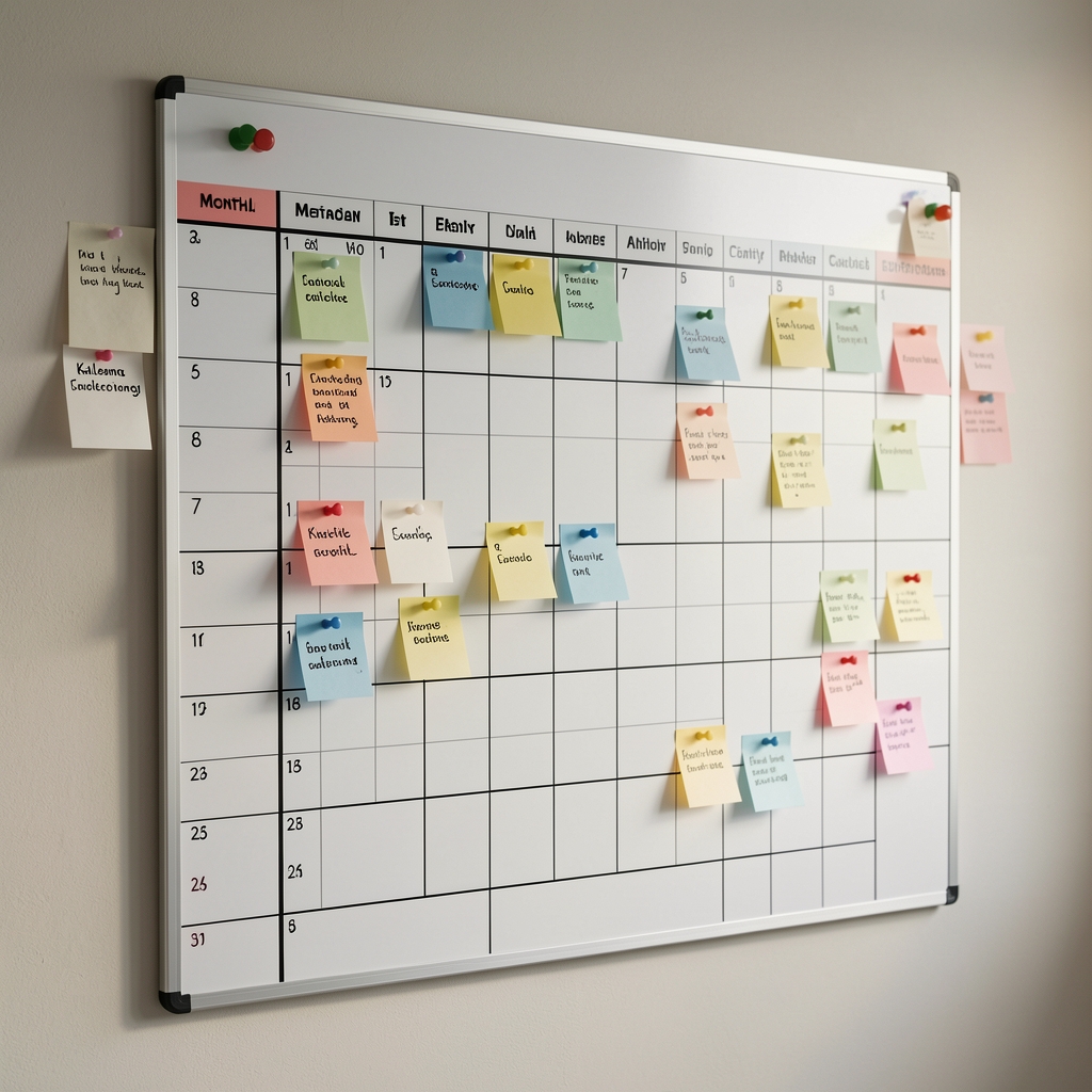 Kalmeno content planning board showing monthly editorial calendar with article categories pinned to wall